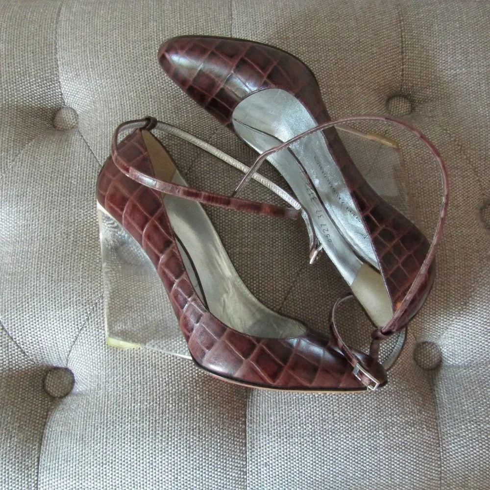 Giuseppe Zanotti Ankle Wrap Leather Lucite Wedge Heels